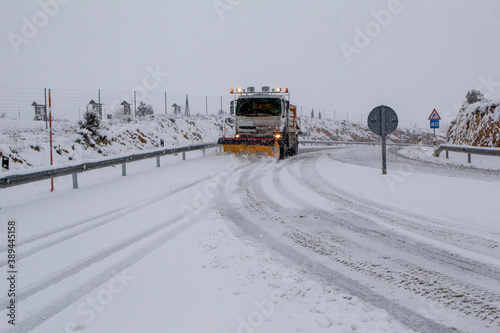Snowy highway in the province of Teruel (Spain).