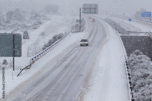 Snowy highway in the province of Teruel (Spain).