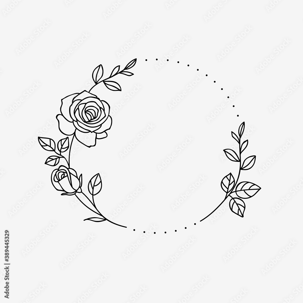 One line drawing. Frame of garden rose with stem and leaves. Hand drawn sketch. Vector illustration. - obrazy, fototapety, plakaty 