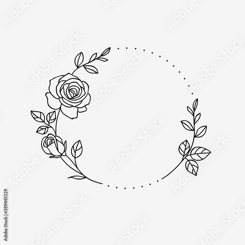 One line drawing. Frame of garden rose with stem and leaves. Hand drawn sketch. Vector illustration.