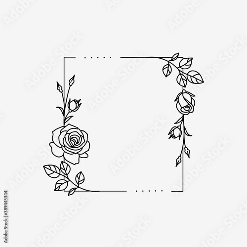 One line drawing. Frame of garden rose with stem and leaves. Hand drawn sketch. Vector illustration.