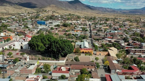 Teotitlan del Valle artisan village in Tlacolula, Oaxaca, Mexico. Revealing aerial drone video of traditional mexican village. photo