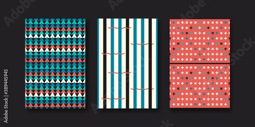 Vector set of three abstract brochures with geometric memphis shapes.