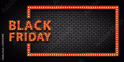 Vector realistic isolated marquee light bulb frame of Black Friday for decoration and covering on the wall background. Concept of sale and discount.