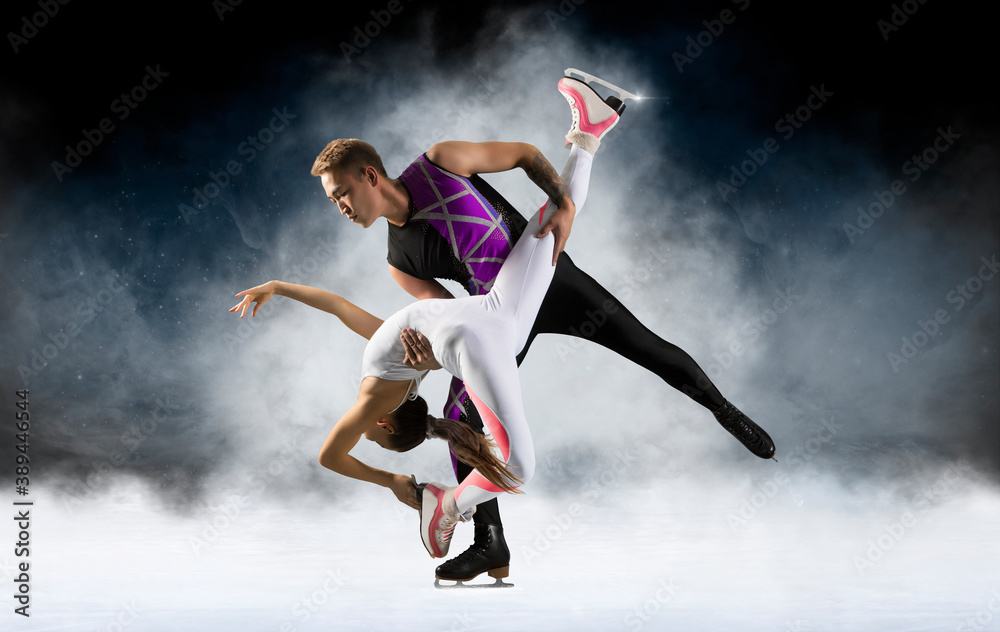 Duo figure skating in action on dark background. Sports banner