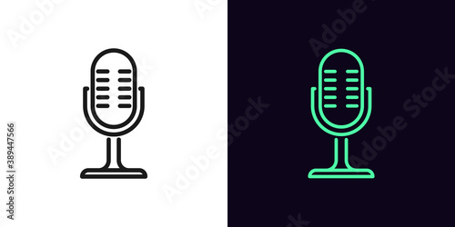 Outline microphone icon. Linear mike sign, isolated podcast symbol with editable stroke