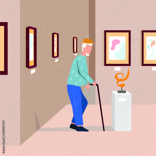 Elderly man with a cane in his hands and dog in museum. Vector illustration in cartoon style