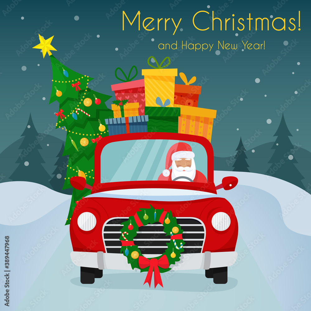 Chrismas car with Santa Claus as the driver with gifts, tree and decorations. Flat cartoon style vector illustration.