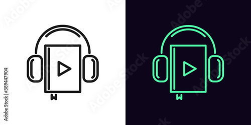 Outline audiobook icon. Linear audio book sign with headphones, online library with editable stroke
