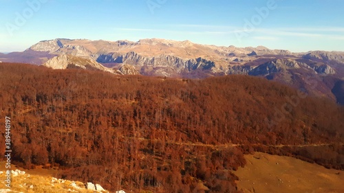 Mountain panorama with red forest in the valley