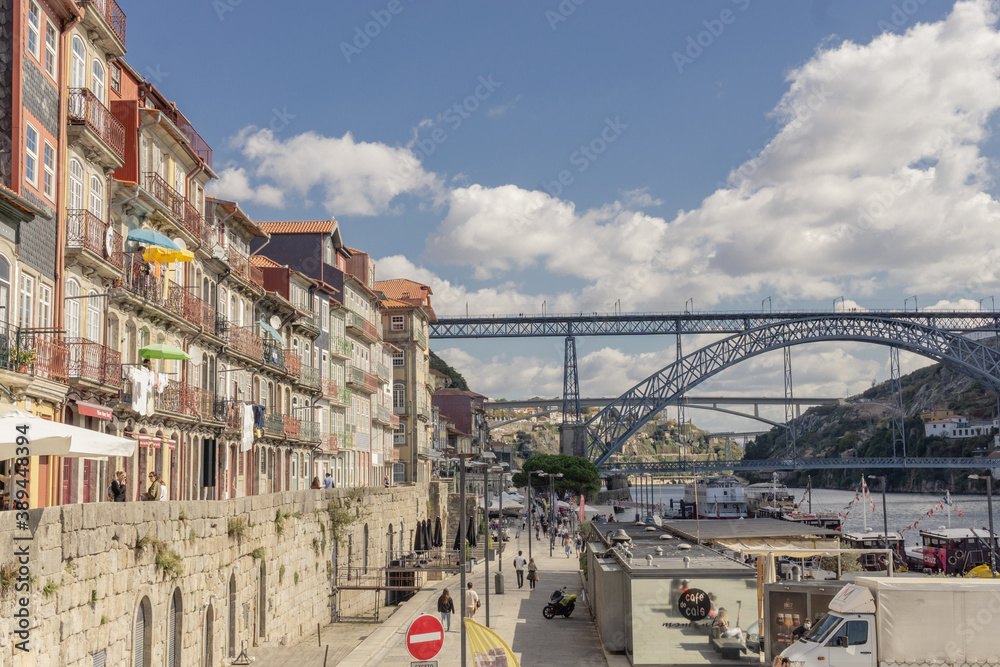 Porto, Portugal , October 14th 2020: VIew of Porto Ribeira and with bridge Ponte Dom Luis over Douro river.