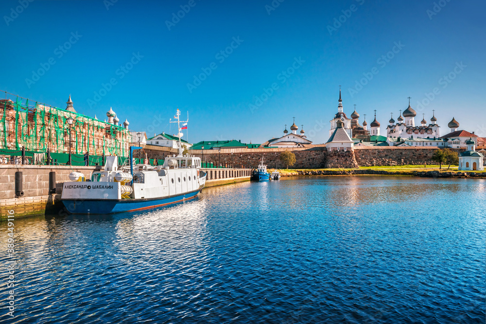 View of the monastery pier, the ship and the Solovetsky monastery