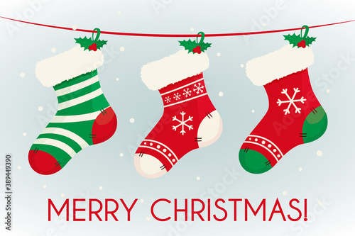 Christmas cute stocking for gift place inside. Decoration for home and fireplace with candy. Happy New Year concept. Isolated flat illustration