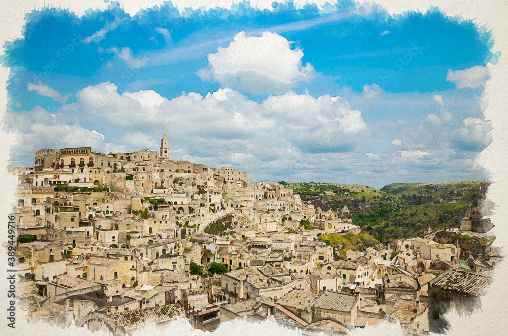 Watercolor drawing of Matera panoramic view of historical centre Sasso Caveoso Sassi old ancient town with rock houses with blue sky white clouds, European Culture Capital, Basilicata, Southern Italy
