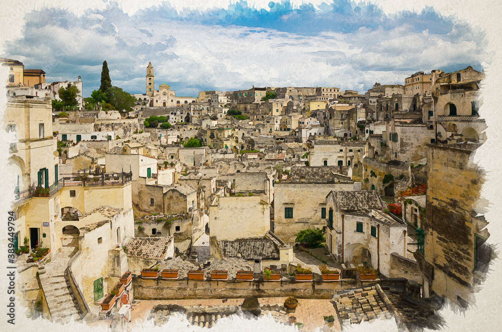 Watercolor drawing of Matera panoramic view of historical centre Sasso Barisano of old ancient town Sassi di Matera with rock cave houses, UNESCO World Heritage Site, Basilicata, Southern Italy