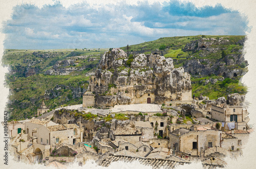 Watercolor drawing of Rock church Santa Maria De Idris with big cross in historical centre of old ancient town Sassi di Matera in front of caves di Murgia Timone and dramatic sky, Basilicata, Italy