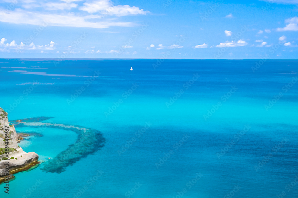 Watercolor drawing of Aerial view of beautiful amazing Tyrrhenian sea with turquoise water, tropical seascape with blue sky white clouds, small yacht background, Tropea, Calabria, Southern Italy