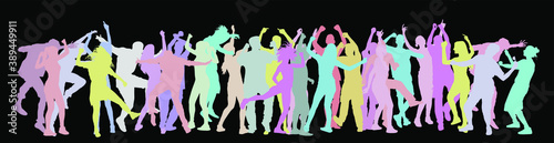 Party dancer people  girls and boys vector silhouette. Nightlife party concept with crew dancing. Disco club event. Birthday celebration. Teenagers in good mood. Fun and entertainment.