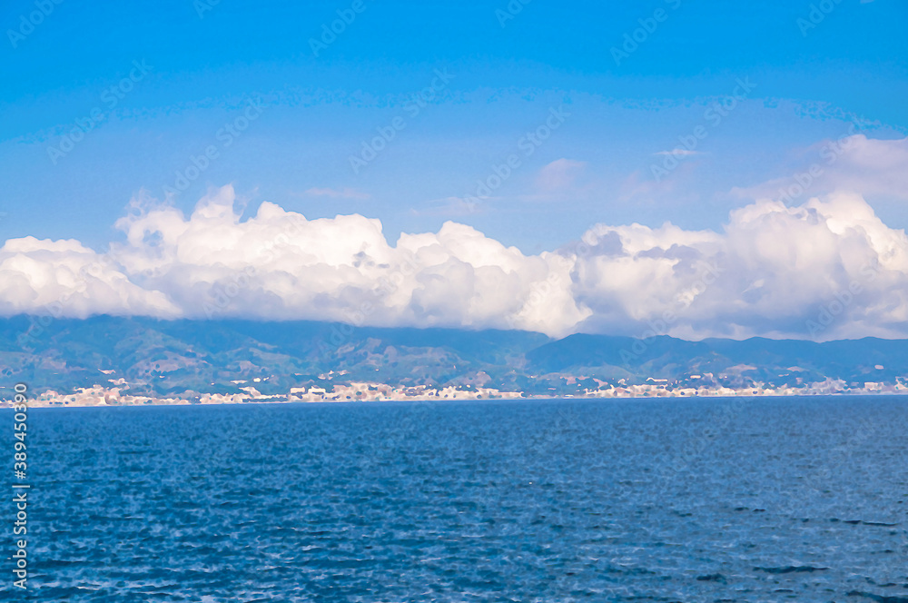 Watercolor drawing of Strait of Messina connected Mediterranean and Tyrrhenian sea and Sicilia island with blue sky white clouds, view from promenade waterfront of Reggio di Calabria, Southern Italy