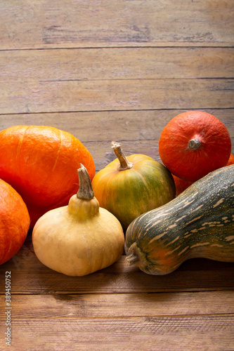 autumn pumpkins on a wooden thanksgiving table