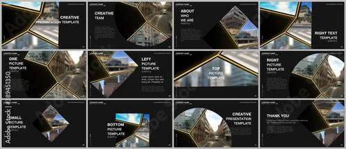 Presentation design vector templates, multipurpose template for presentation slide, flyer, brochure cover design. Abstract black and golden project with clipping mask, geometric shapes for your photo.