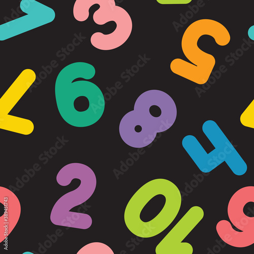 Funny children seamless pattern with color numbers for decorative paper, textile, web background. Colorful vector illustration on black background. 
