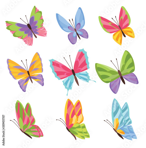 Watercolor colors butterflies isolated on white background. Pretty butterfly set with spring palette for child.