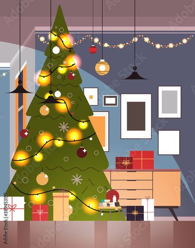 living room with decorated fir tree and garlands for new year christmas holidays celebration concept home interior vertical vector illustration