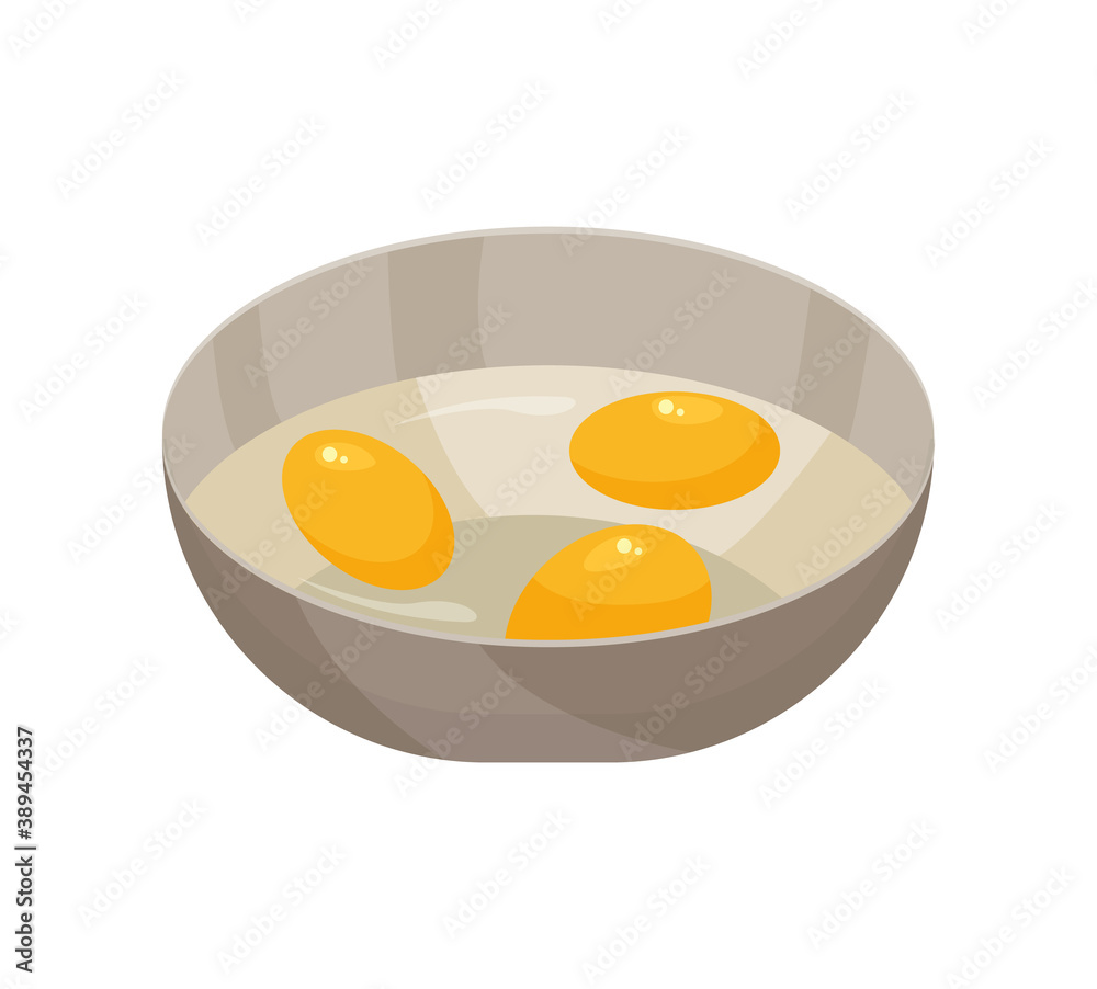 Raw eggs with yolk in a bowl. illustration flat icon isolated on white. Raw eggs with yolk in a bowl. illustration flat icon isolated on white.