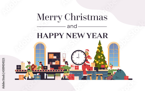 santa woman holding clock mix race elves putting gifts on conveyor new year christmas holidays celebration concept greeting card horizontal full length vector illustration