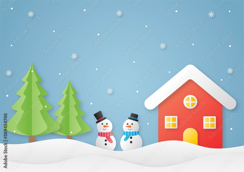 Merry christmas and happy new year paper cut card with snowman on blue background. vector illustration.