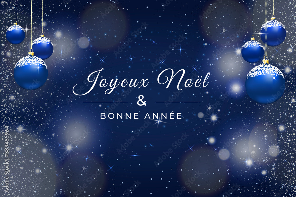 carte ou bandeau sur un joyeux noël et une bonne année en blanc sur un fond bleu et autour des boules de noêl des des effets bokeh et des flocons de neige