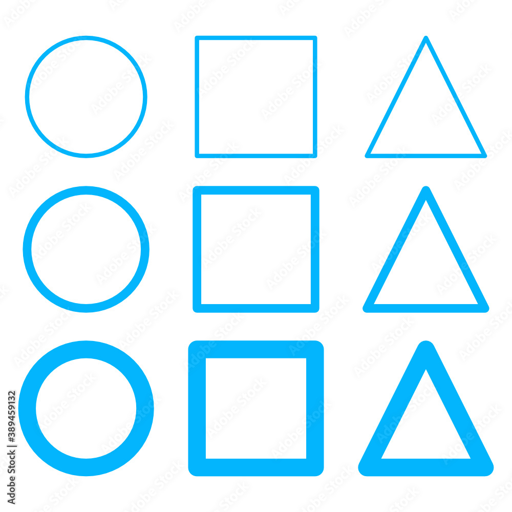 Set of blue circle, square, triangle icons. Vector symbols Set of blue circle, square, triangle icons. Vector symbols