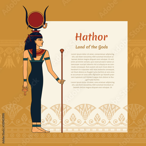 A template with a place for text and an illustration of the ancient Egyptian goddess Hathor. With Hathor's lettering and lotus pattern. EPS 10