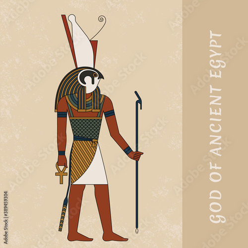 Ancient art by the ancient Egyptian god Horus. Colored vector drawing of the god Horus against the background of papyrus. EPS 10