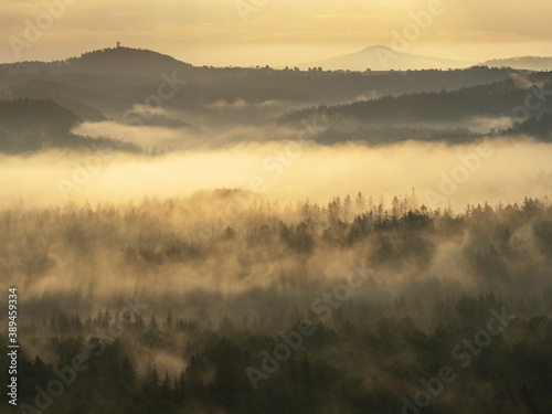 Blick in den Morgenstunden von den Affensteinen   ber Alten Wildenstein Richtung Lichtenhain. Die Sonne schickt ihre ersten w  rmenden Strahlen durch den dichten Nebel in die Bergwelt des Nationalparkes