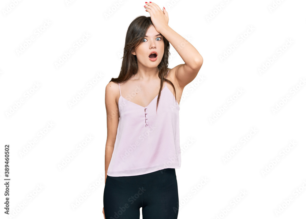 Young beautiful caucasian girl wearing casual clothes surprised with hand on head for mistake, remember error. forgot, bad memory concept. Young beautiful caucasian girl wearing casual clothes surprised with hand on head for mistake, remember error. forgot, bad memory concept.