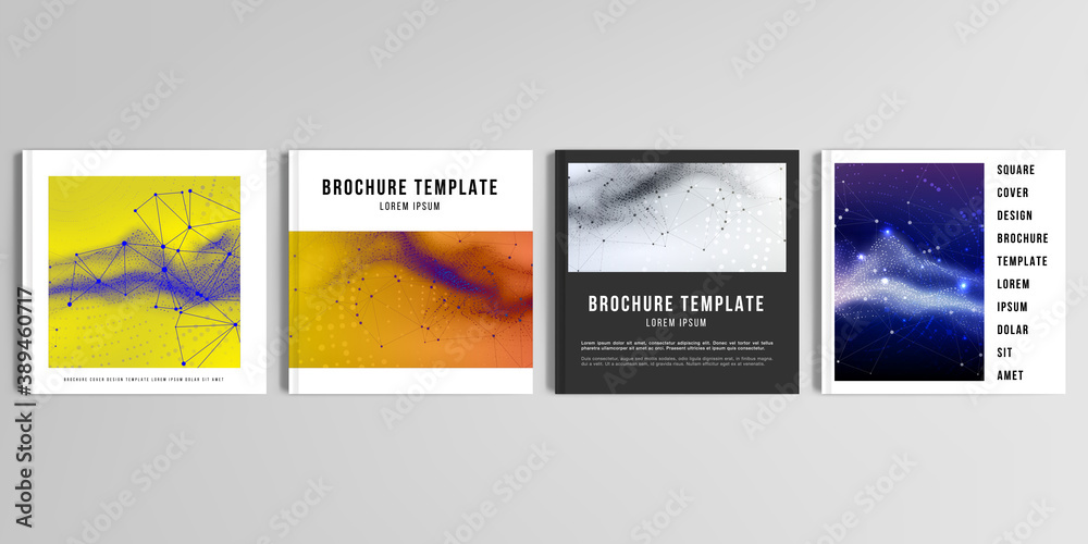 Realistic vector layouts of cover mockup template for square brochure, cover design, flyer, book design, poster. Colorful wavy particle surface background for technology or science cyber space concept