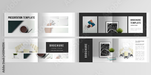 Vector layouts of horizontal presentation design templates for landscape design brochure, cover design, flyer, book design, magazine. Home office concept, study or freelance, working from home.