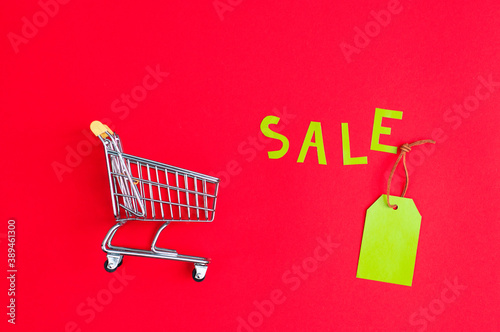 close-up of shopping trolley on color background with some copy space. Black Friday. Shopping Price tags sale on a red background. view from above