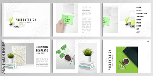 Vector layouts of presentation design templates for brochure, cover design, flyer, book design, magazine, poster. Home office concept, study or freelance, working from home.