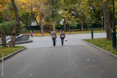 Two girls dressed alike are walking along the alley of the autumn park..