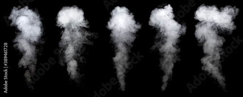 Set of realistic white smoke steam. Samples of smoke. Fog and mist effect. Isolated on black.