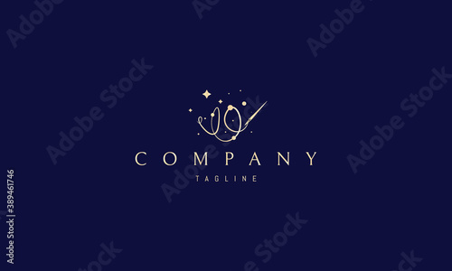 Vector golden logo on which an abstract image of a magic thread with a needle.