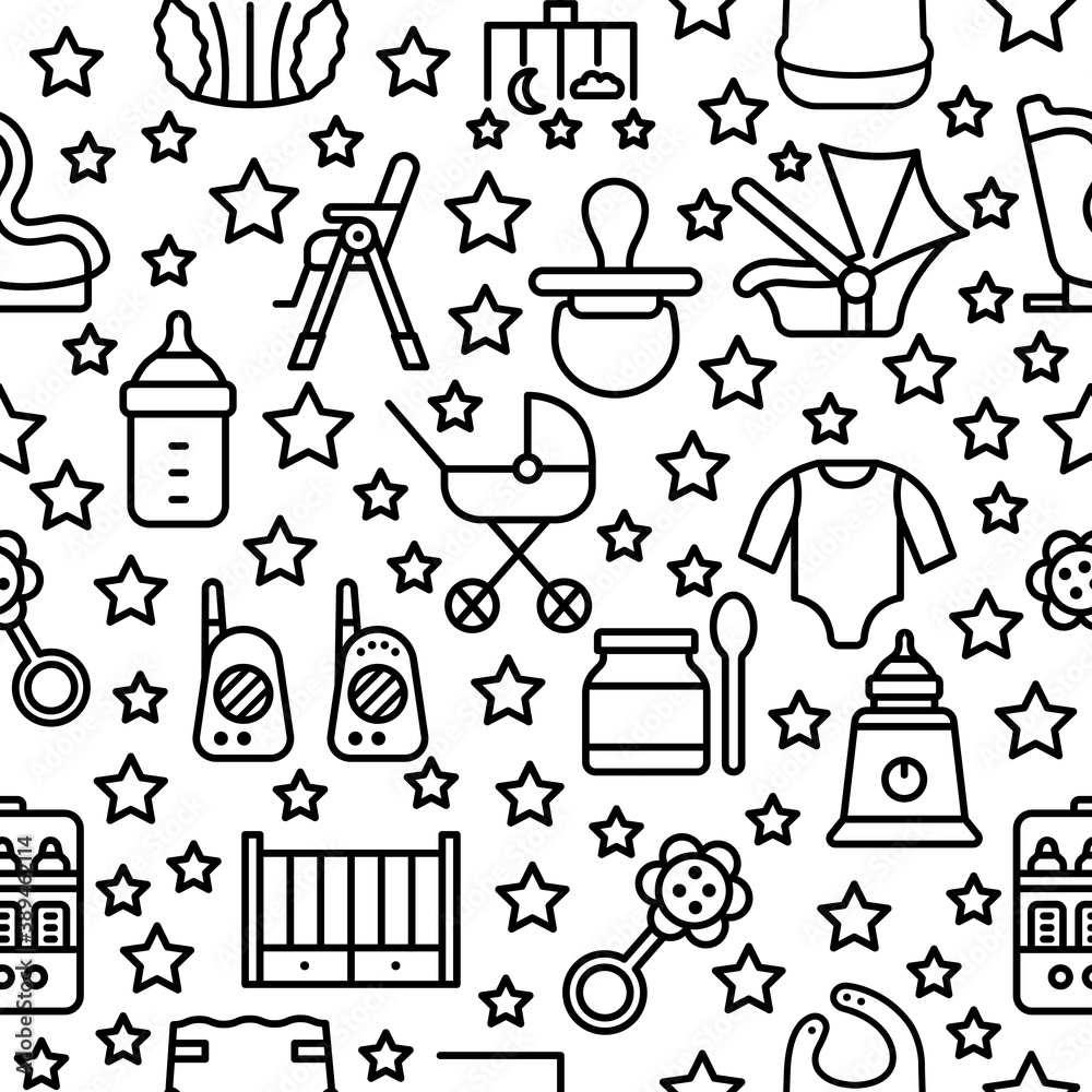 Obraz premium Seamless baby items pattern with flat line icons. Necessary things for the baby and parents icons on white background