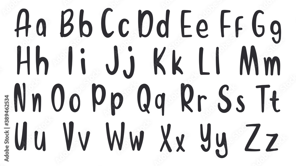 Set of hand drawn alphabet font. Simple line letters. Handwritten alphabet uppercase lowercase letters. Vector Illustration. EPS 10