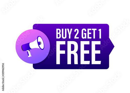 Buy 2 Get 1 Free, sale tag, banner design template. Vector stock illustration.