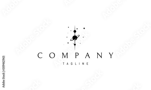 Vector logo on which an abstract image of three planets lined up in a row.