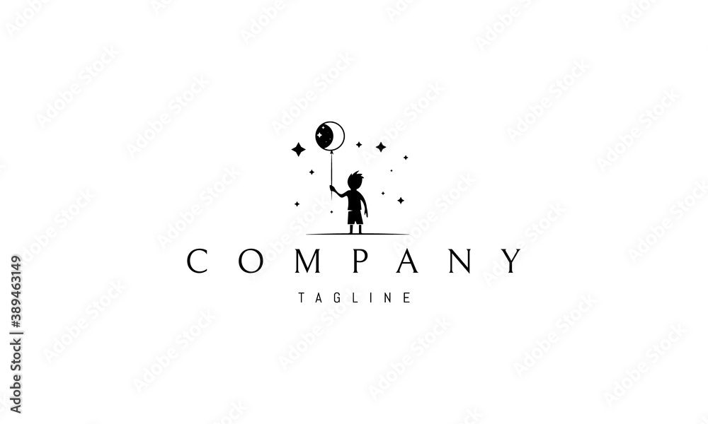 Vector logo in which an abstract image of a child on a background of stars holding a balloon with the moon and stars. Vector logo in which an abstract image of a child on a background of stars holding a balloon with the moon and stars.