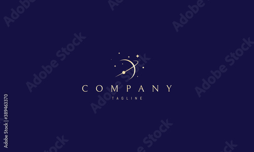 Vector golden logo on which an abstract image of the light side of the planet with orbit.